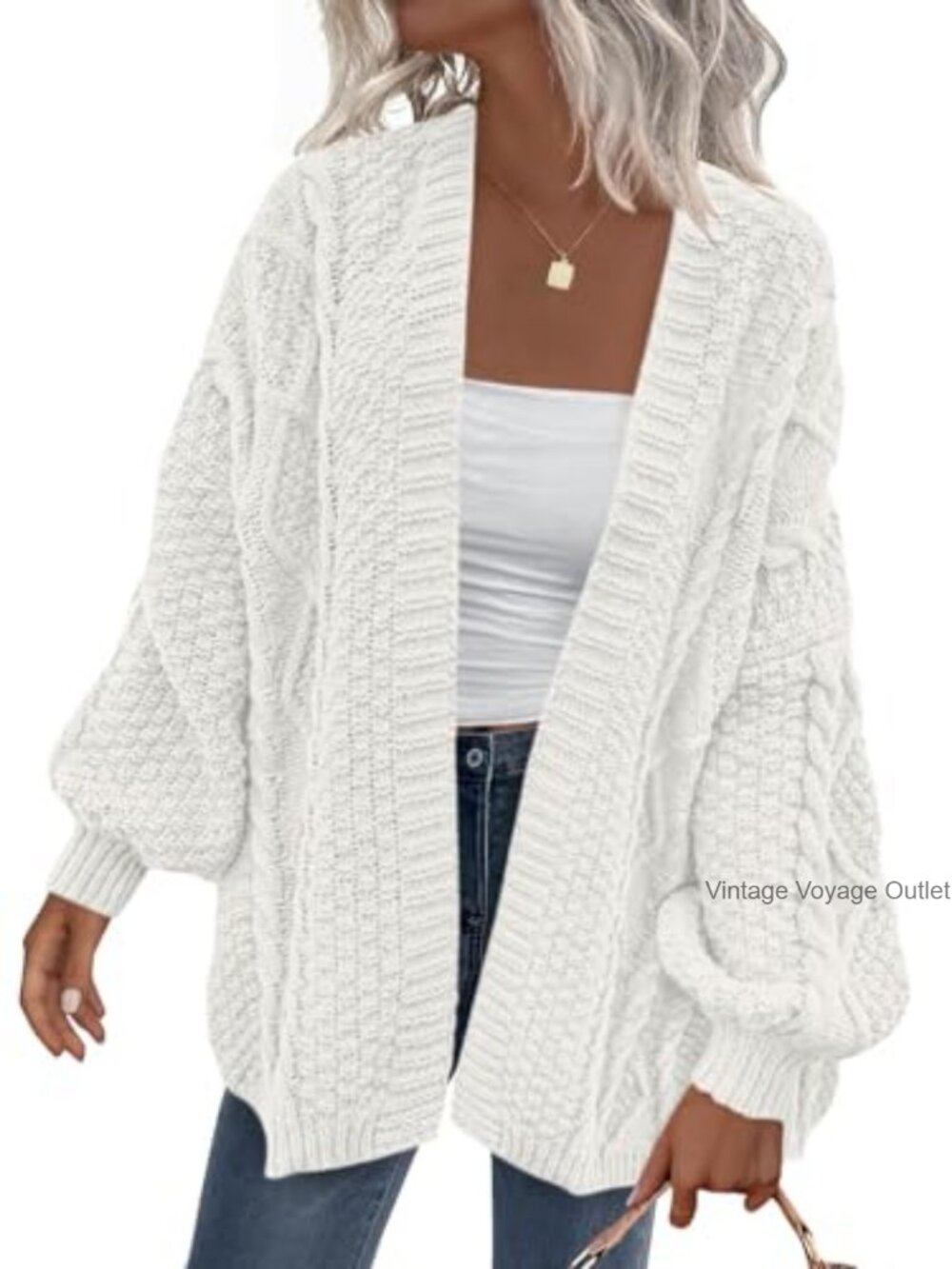 Cable Knit Open Front Cardigan Long Lantern Sleeve Chunky Sweater